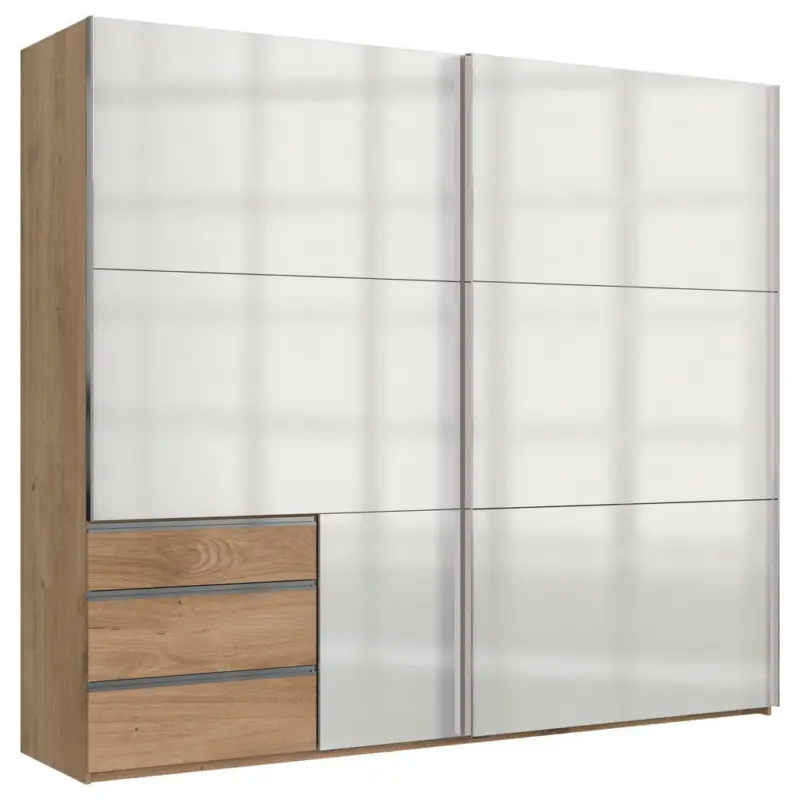 Schwebetürenschrank in Eichefarben, Weiß Hochglanz