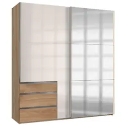 Schwebetürenschrank in Eichefarben, Weiß Hochglanz