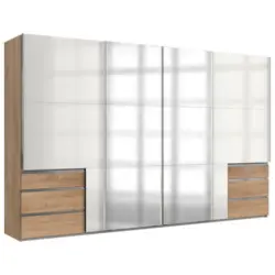 Schwebetürenschrank in Eichefarben, Weiß Hochglanz