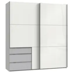 Schwebetürenschrank in Hellgrau, Weiß Hochglanz