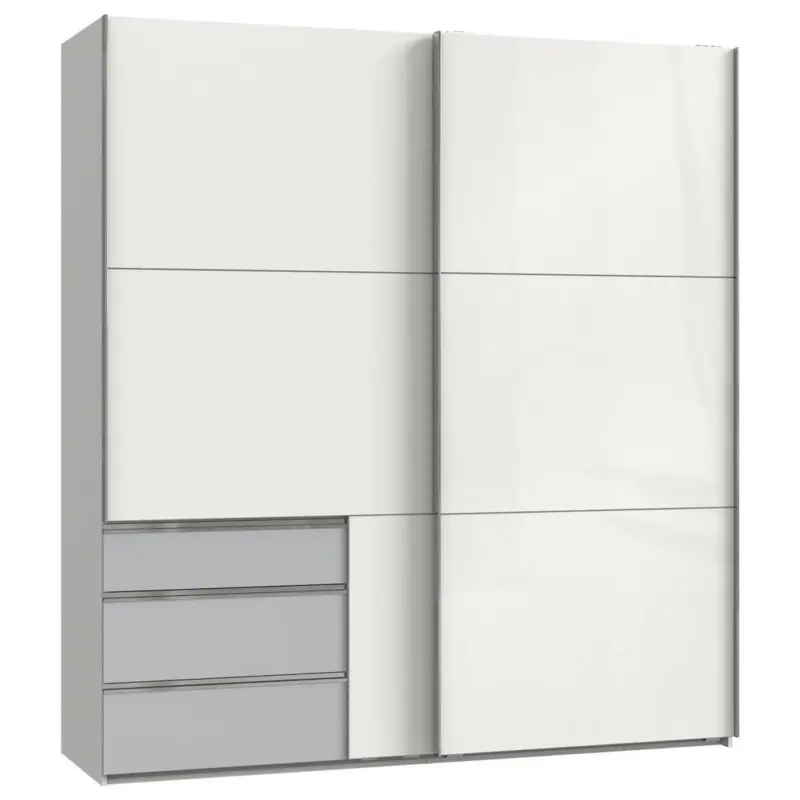 Schwebetürenschrank in Hellgrau, Weiß Hochglanz