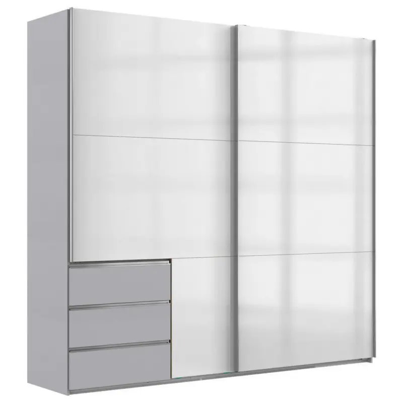Schwebetürenschrank in Hellgrau, Weiß Hochglanz