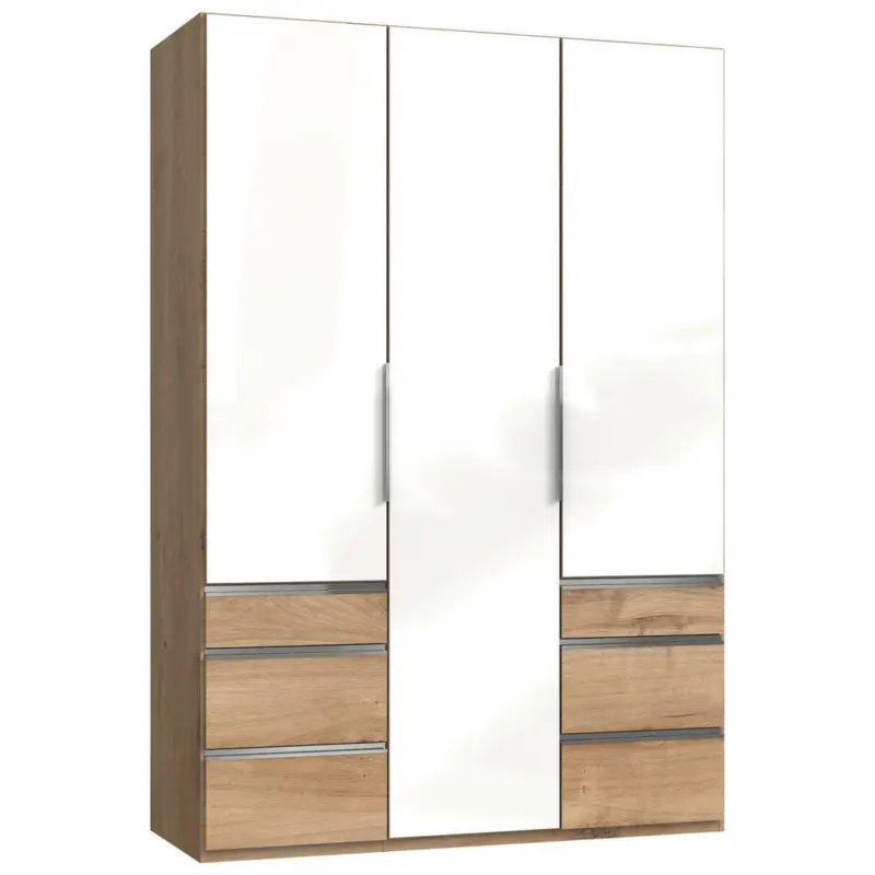 Drehtürenschrank in Eichefarben, Weiß Hochglanz