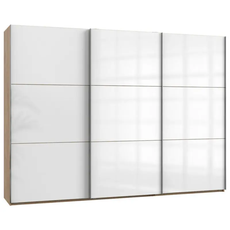 Schwebetürenschrank in Eichefarben, Weiß Hochglanz
