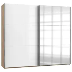 Schwebetürenschrank in Eichefarben, Weiß Hochglanz