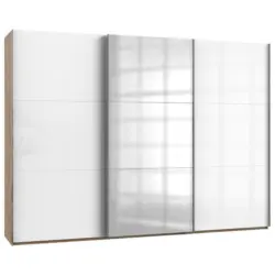 Schwebetürenschrank in Eichefarben, Weiß Hochglanz