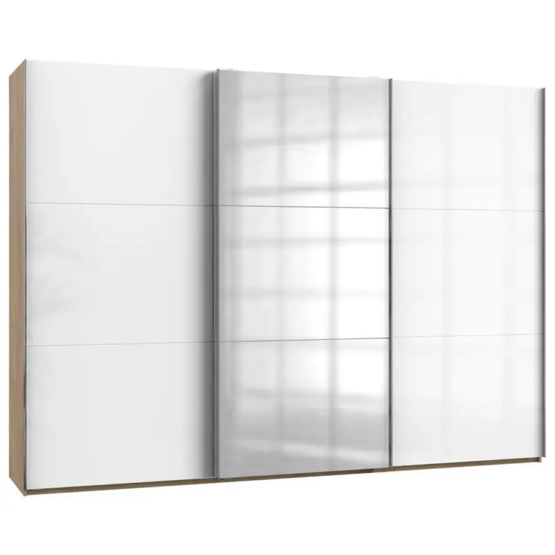 Schwebetürenschrank in Eichefarben, Weiß Hochglanz
