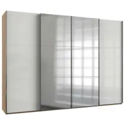 Schwebetürenschrank in Eichefarben, Weiß Hochglanz