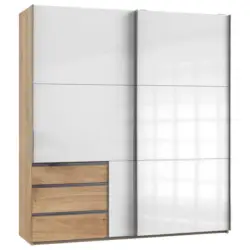 Schwebetürenschrank in Eichefarben, Weiß Hochglanz