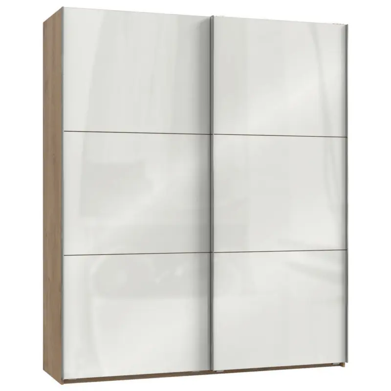 Schwebetürenschrank in Eichefarben, Weiß Hochglanz