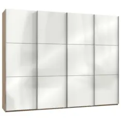 Schwebetürenschrank in Eichefarben, Weiß Hochglanz