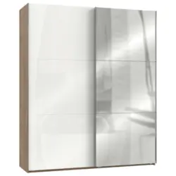 Schwebetürenschrank in Eichefarben, Weiß Hochglanz