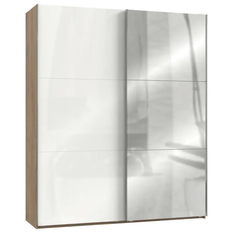 Schwebetürenschrank in Eichefarben, Weiß Hochglanz