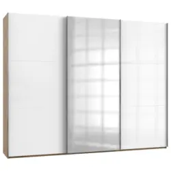 Schwebetürenschrank in Eichefarben, Weiß Hochglanz