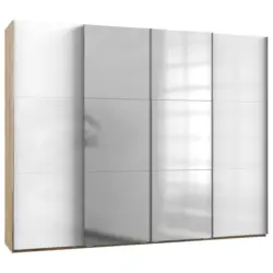 Schwebetürenschrank in Eichefarben, Weiß Hochglanz