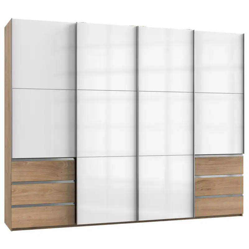 Schwebetürenschrank in Eichefarben, Weiß Hochglanz