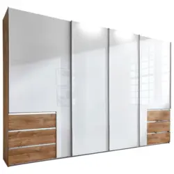 Schwebetürenschrank in Eichefarben, Weiß Hochglanz