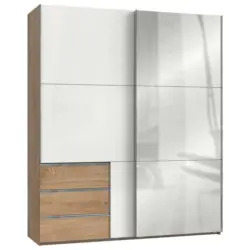 Schwebetürenschrank in Eichefarben, Weiß Hochglanz