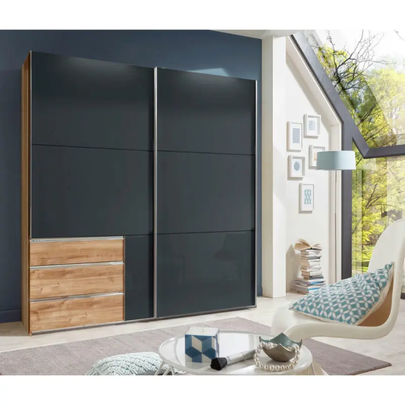 Schwebetürenschrank in Grau, Eichefarben