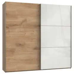 Schwebetürenschrank in Weiß, Eichefarben