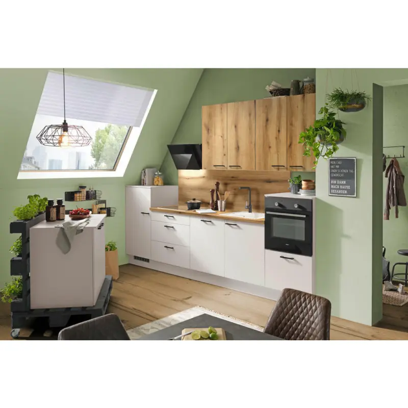 Küchenblock 320 cm in Weiß, Eichefarben