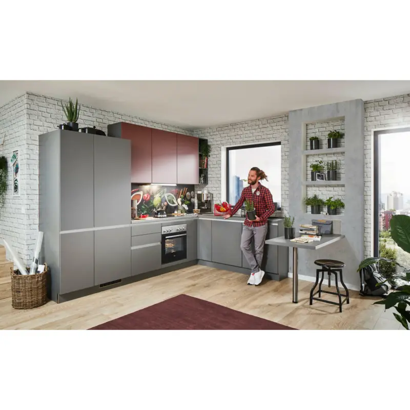 Eckküche 312/270 cm in Anthrazit, Rot
