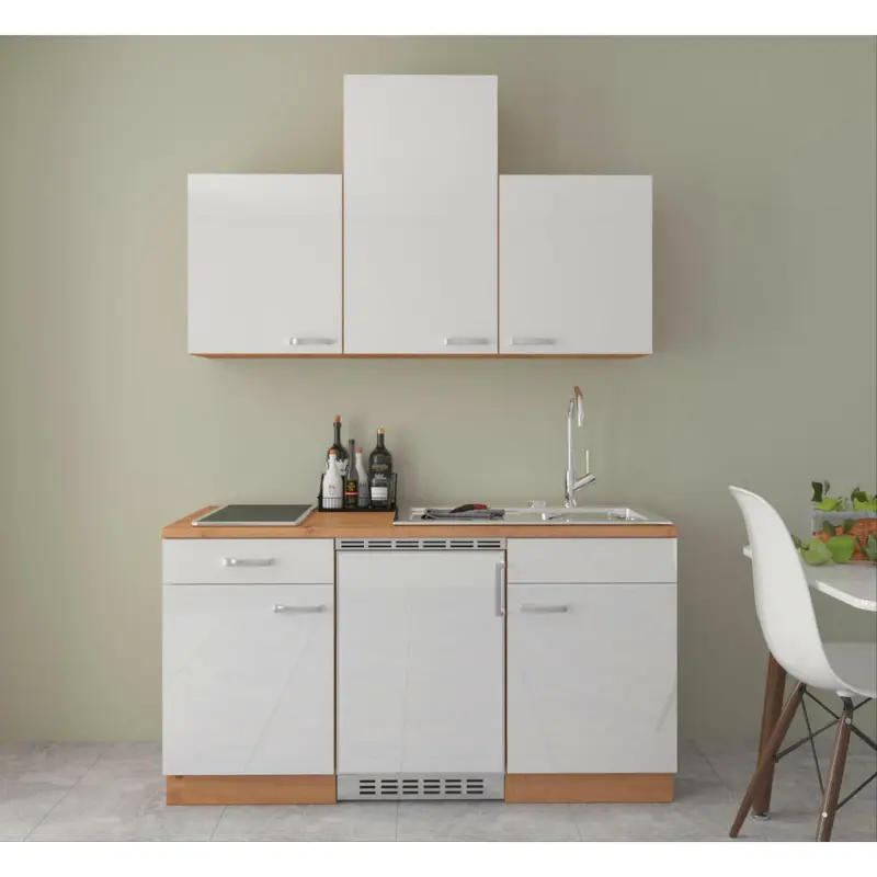 Miniküche in Eiche Artisan, Weiß Hochglanz