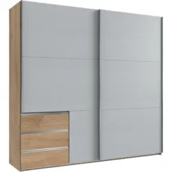 Schwebetürenschrank in Eichefarben, Hellgrau