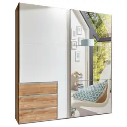 Schwebetürenschrank in Weiß, Eichefarben