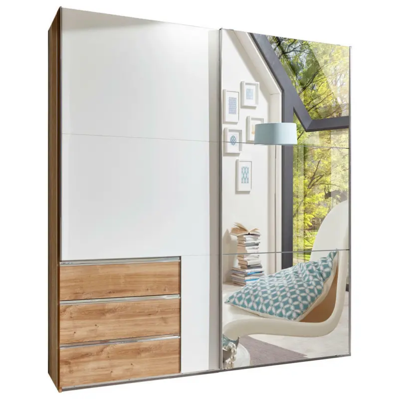 Schwebetürenschrank in Weiß, Eichefarben