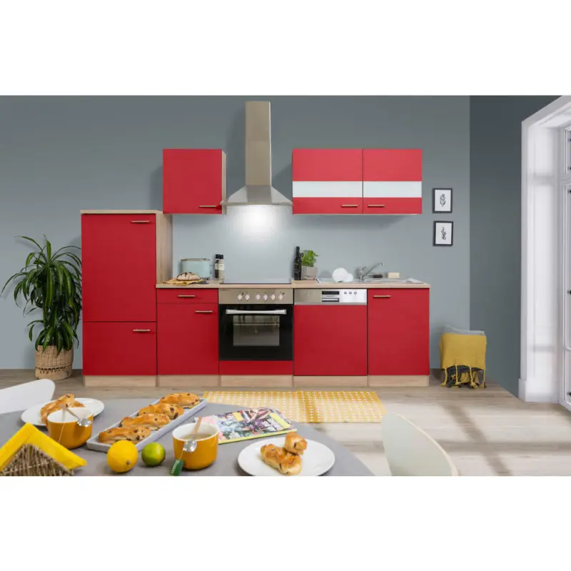 Küchenleerblock 280/200/60 cm in Rot, Eichefarben