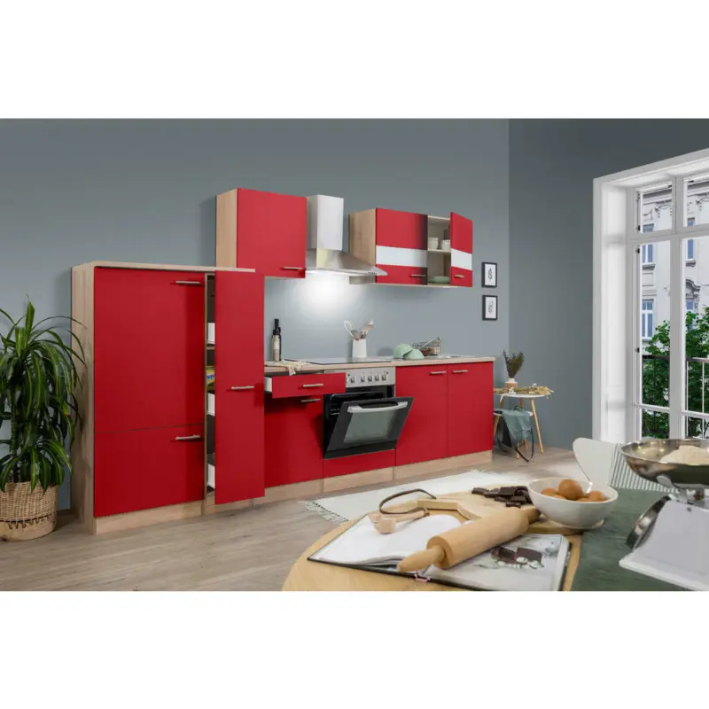 K&uuml;chenleerblock 300 cm in Rot, Eichefarben