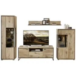 Wohnwand 330/205/49 cm in Schwarz, Eichefarben