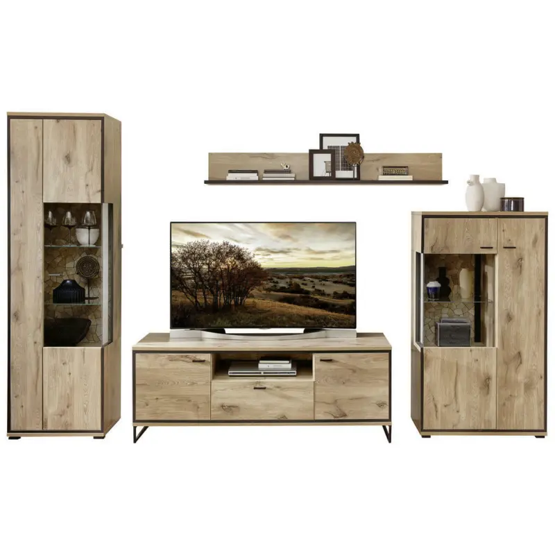 Wohnwand 330/205/49 cm in Schwarz, Eichefarben