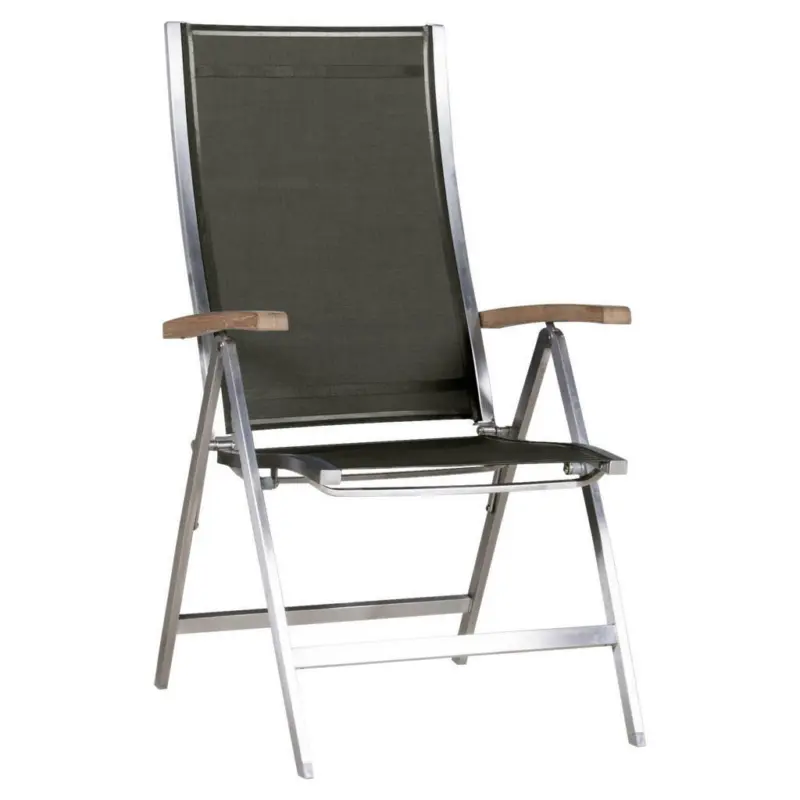 Gartenklappsessel in Metall, Textil Edelstahlfarben, Dunkelgrau, Teakfarben