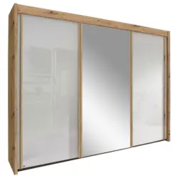 Schwebetürenschrank in Weiß, Eiche Artisan