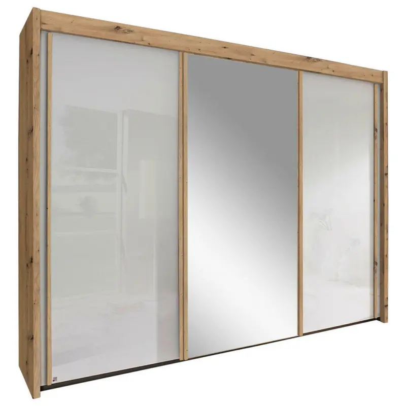 Schwebetürenschrank in Weiß, Eiche Artisan