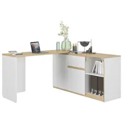 Schreibtischkombination 136/133/45/155/75 cm in Weiß, Eichefarben