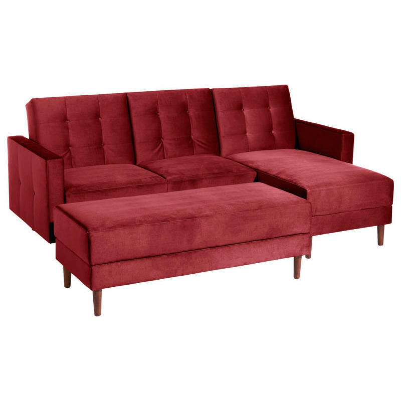 Eckschlafsofa inkl. Hocker in Samt, Velours Rot