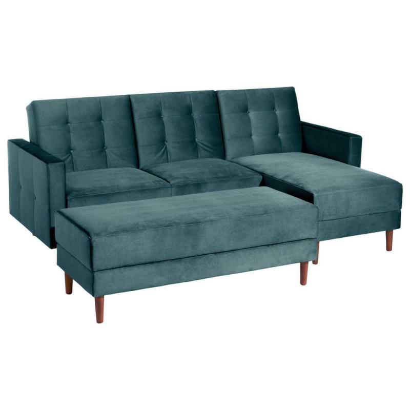 Eckschlafsofa inkl. Hocker in Samt, Velours Blau