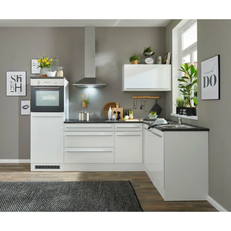 Eckküche 260/175 cm in Weiß, Weiß Hochglanz