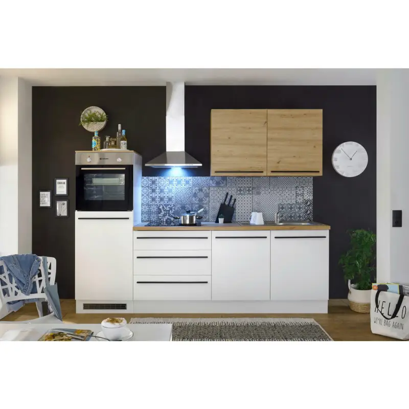 Küchenblock 260 cm in Weiß, Eiche Artisan