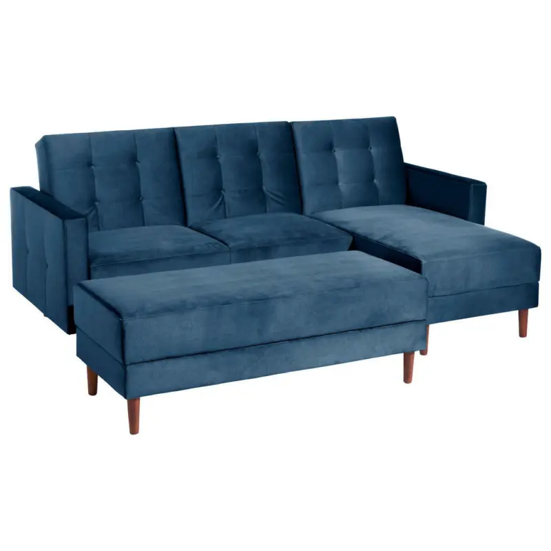 Eckschlafsofa inkl. Hocker in Samt, Velours Dunkelblau