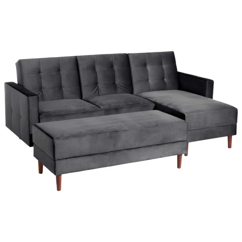 Eckschlafsofa inkl. Hocker in Samt, Velours Graphitfarben