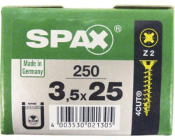 Spax Universalschraube Kreuzschlitz PZ 2, Senkkopf, Holz-Vollgewinde, 3,5x25 mm, 250 Stück