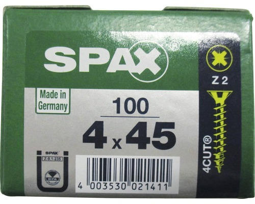 Spax Universalschraube Kreuzschlitz PZ 2, Senkkopf, Holz-Vollgewinde, 4x45 mm, 100 Stück