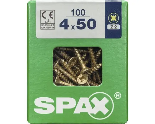 Spax Universalschraube Kreuzschlitz PZ 2, Senkkopf, Holz-Vollgewinde, 4x50 mm, 100 Stück