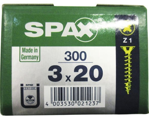 Spax Universalschraube Kreuzschlitz PZ 1, Senkkopf, Holz-Vollgewinde, 3x20 mm, 300 Stück