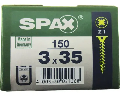 Spax Universalschraube Kreuzschlitz PZ 1, Senkkopf, Holz-Vollgewinde, 3x35 mm, 150 Stück