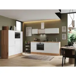 K&uuml;chenblock 370 cm in Eiche Artisan, Wei&szlig; Hochglanz